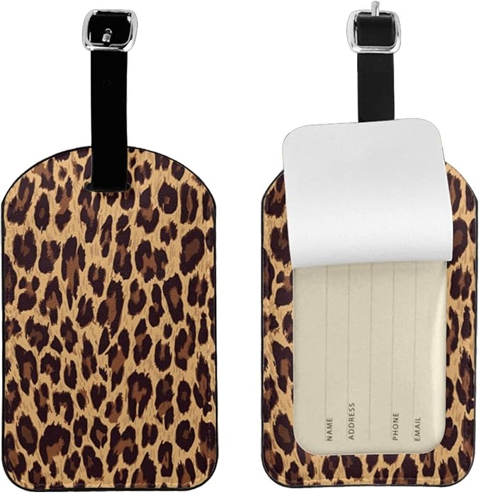 Leopard Skin Luggage Tag for Suitcases,Leopard Print Animal Skin Brown PU Leather Baggage Tags Bag Tags Travel Id Label for Luggage Women Men -1 Piece