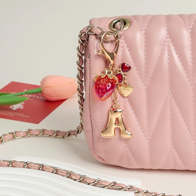 Snycler Bubble Initial Keychain with Strawberry & Bow- Gold Letter Bag Charms for Women, Cute Purse Handbag Accessories