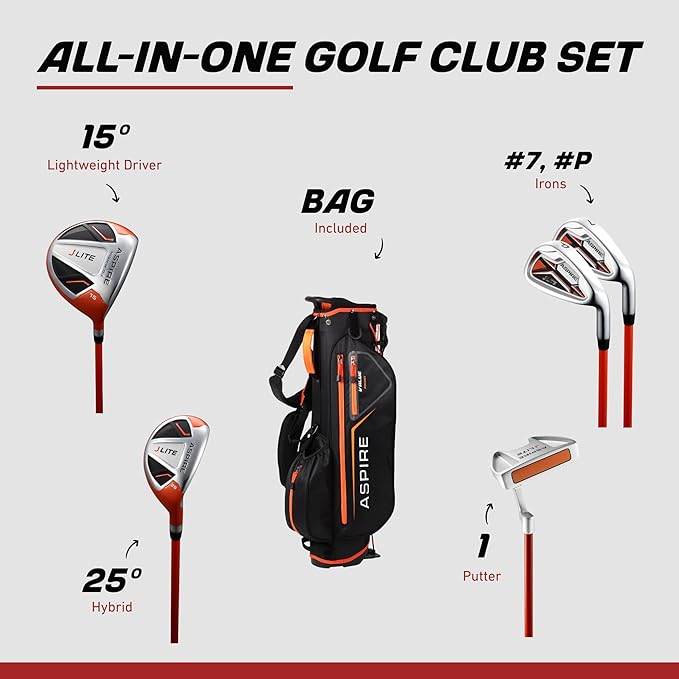 Aspire X-Lite Super Performance Junior Golf Club Set - Right-Handed Kids Golf Set with Driver, Hybrid, 7 Iron, Putter, Stand Bag & Headcovers