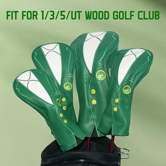 Green Jacket Golf Club Covers, PU Leather Elastic Neckline Golf Head Covers Soft Thick Lining Rainproof Sunscreen Hybrid Head Cover for 1/3/5/UT Wood Golf Club, Machine Washable
