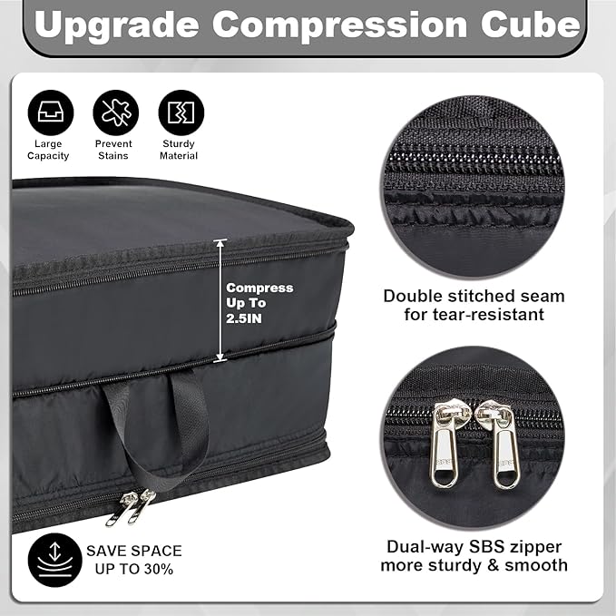 Extra Large Compression Packing Cubes for Travel Essentials, 2 Pack Expandable Travel Cubes for Packing Bags Suitcase Organizer, Black