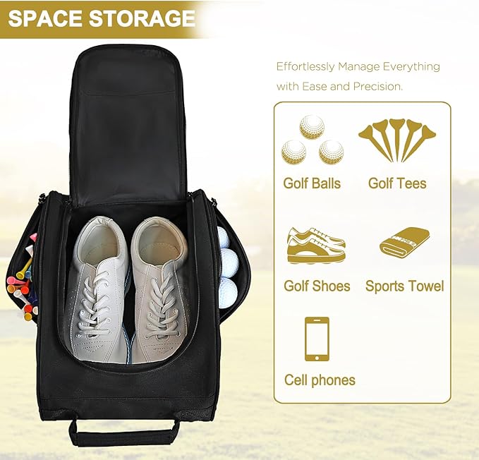 Goloni 2 Pcs Golf Shoe Bag for Men & Women, Padded Travel Shoe Bag with Side Accessory Pockets,Sport Shoe Carrier for Golf Shoes,Socks,Tees & Balls,Durable & Lightweight Design(Black)