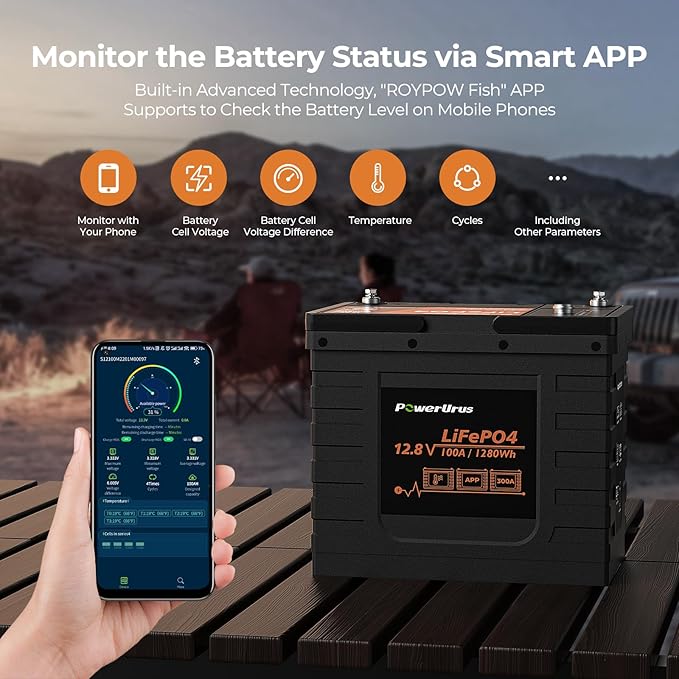 12V 100Ah LiFePO4 Battery, PowerUrus 12V 100Ah BCI Group24 LiFePO4 Lithium Battery with APP, 100A BMS, 4000+ Deep Cycle LiFePO4 Battery,12V Lithium Iron Phosphate Battery for RV, Solar, Trolling Motor