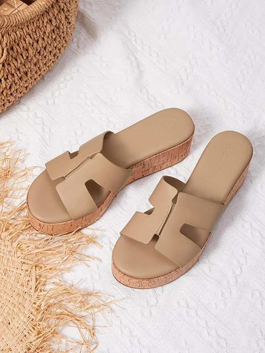 Coutgo Womens Platform Wedge Sandals Open Toe Slip On Slides Cork Heeled Comfortable Shoes