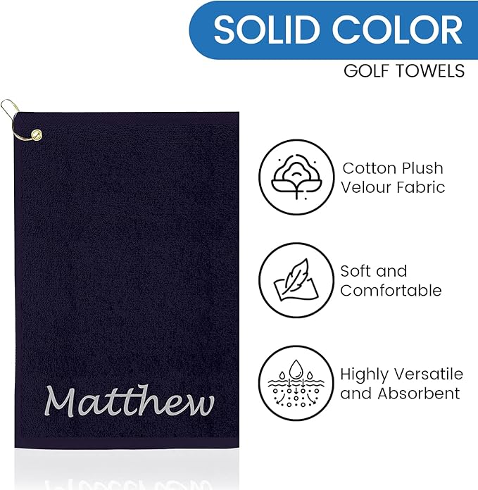 Personalized Passion Golf Towel with Embroidered Name - 16"x26" Custom Golf Towels with Clip - Soft & Highly Absorbent Plush Velour - Easily Wipes Away Sweat and Dirt - Gift for Golfers - Navy