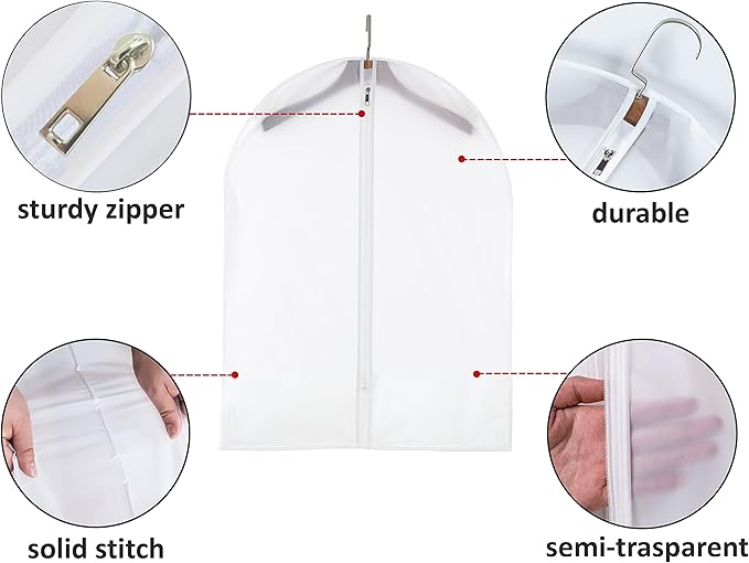 6 Pack Short Garment Bags (24x31") - Dustproof Covers for Kids Clothes - Durable PEVA Storage Bags with Sturdy Zipper for Dance Costumes, Tops & Folded Pants (Translucent)