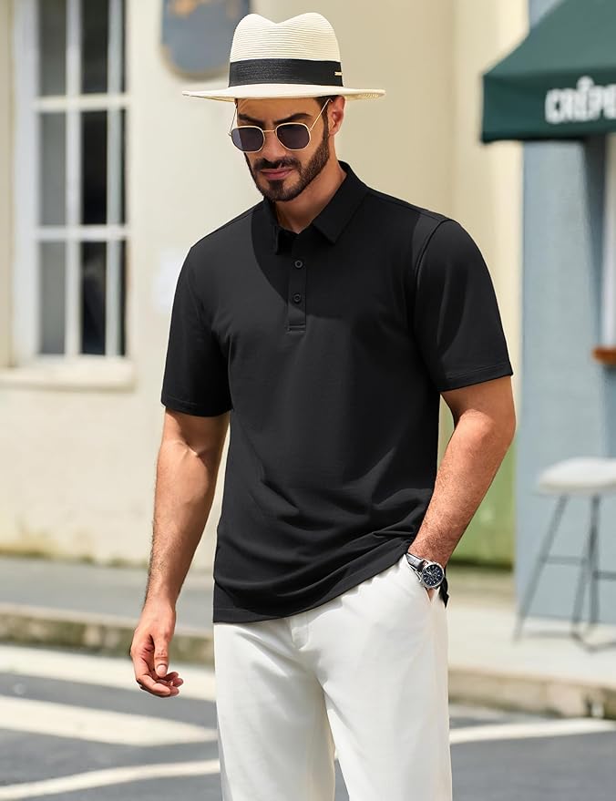 TACVASEN Mens Polo Shirts Short Sleeve Pique 3 Buttons Golf Polo Cooling Performance Moisture Wicking Shirt