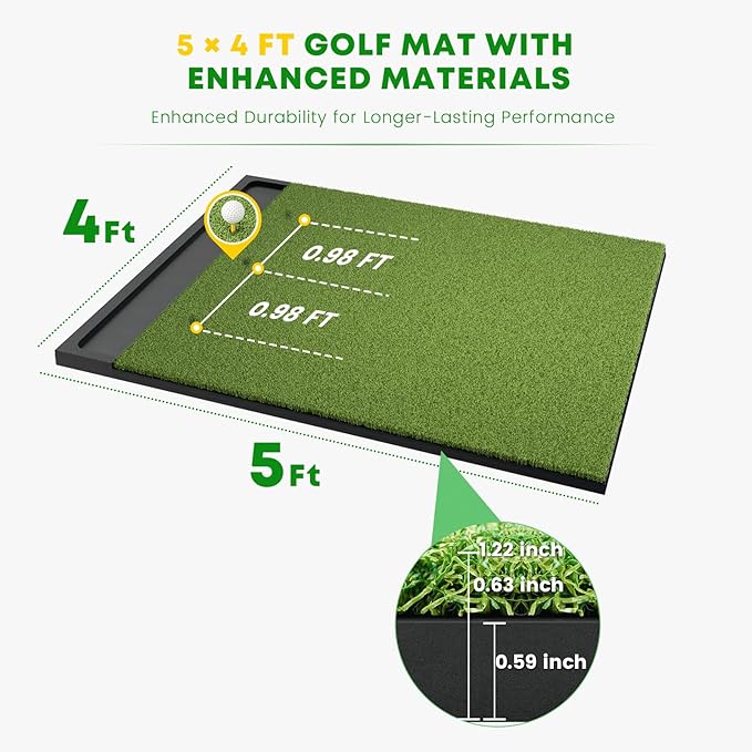 Integrated 5x4ft 6x4ft & 6x5ft 26mm-31mm Golf Mat with Ball Tray, Thickening Golf Mats Practice Outdoor & Indoor Artificial Turf Matt with 3 Tees