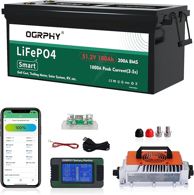 48V Lithium Battery with Onboard 18A LiFePO4 Battery Charger & 200A BMS, 5.12kWh 48V 100Ah Lithium Golf Cart Battery with 10.24kW Output, 1000A Peak Current for Golf Cart, Solar