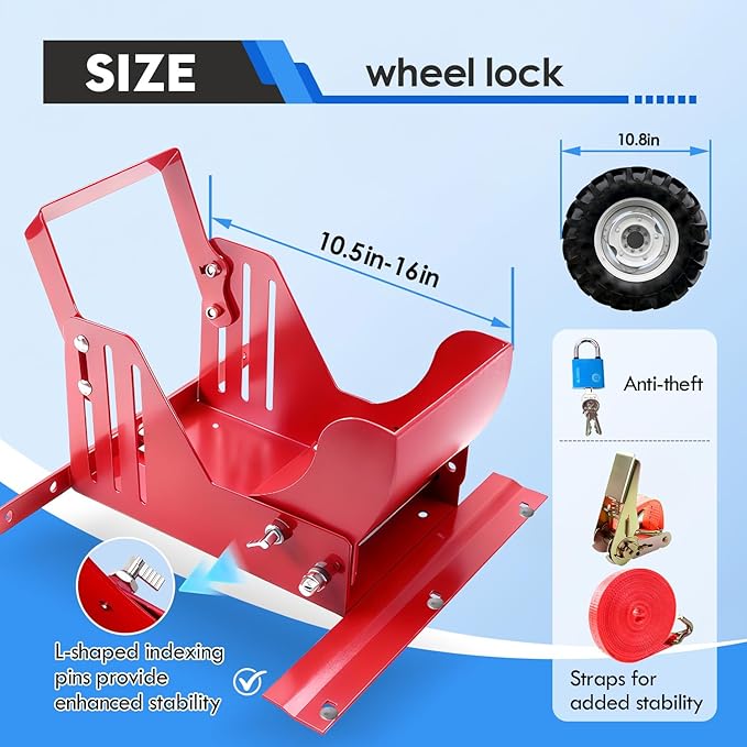 Large Lawn Mower Wheel Power Locker (with Straps) - Heavy Duty 10.5"-16" Caster Wheel Lock for Lawn Trailers, 7" Width Fit, Removable & Lockable Transport Security (Universal Fit)