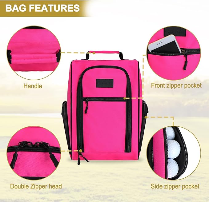 Goloni Golf Shoe Bag for Men & Women, Padded Travel Shoe Bag with Side Accessory Pockets,Sport Shoe Carrier for Golf Shoes,Socks,Tees & Balls,Durable & Lightweight Design (Pink)