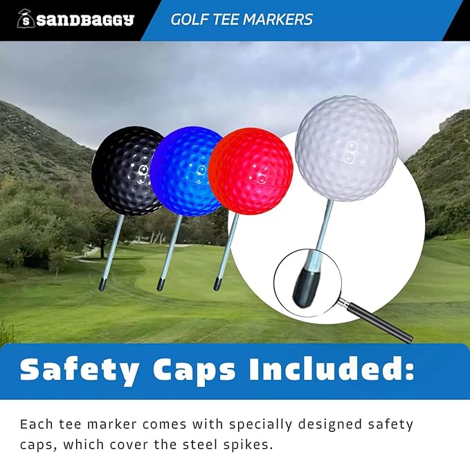 Sandbaggy Plastic Tee Markers for Golf Course (UV Resistant) - Steel Spike - Safety Caps Included