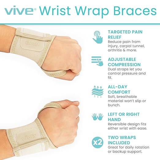 Vive Wrist Wrap Braces (2 Pack) - Tendonitis Support for Carpal Tunnel Arthritis - Sprained Pain Protection Sleeve - Weightlifting & Calisthenics Compression Stabilizer for Women, Men - Adjustable