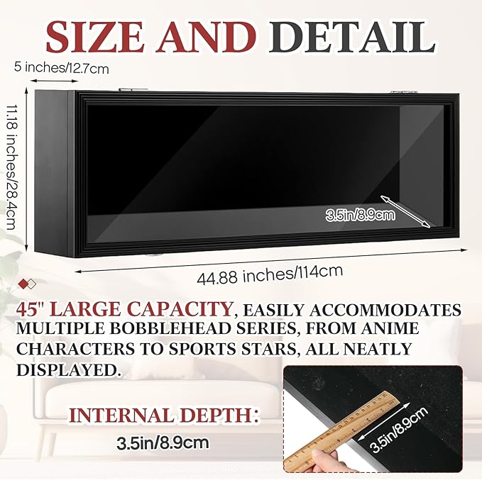 45'' Bobblehead Display Case Action Anime Figure Bobble Head Displays Case Wall Mounted Shadow Box UV Protection Display with Acrylic Transparent Door Holder for Christmas Collector Gift