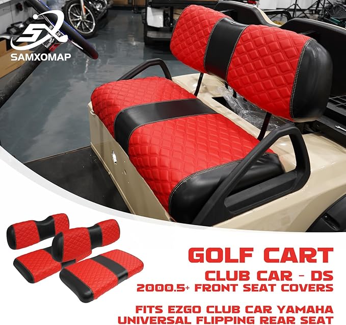 Golf Cart Front and Rear Seat Covers Waterproof and Sun Resistant Marine Grade Vinyl Leather Seat Cover Accessories for Club Car DS 2000.5-up,Red(4PCS)