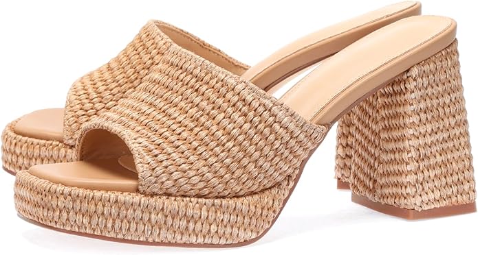 Monrovia Womens Sandals Heels for Women Slide On Block Chunky Platform High Heels Open Toe Raffia Wedge Sandals