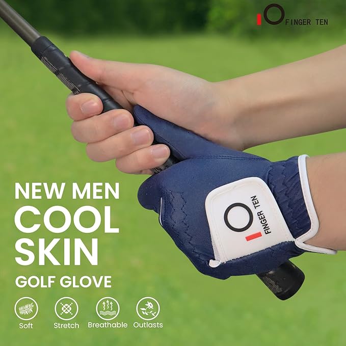 FINGER TEN All Weather Grip Golf Gloves Men Value 3 Pack for Right Handed Golfer, Hot Wet Rain Grip & Comfort Soft Glove for Premium Performance, Colors White Black Blue Sizes S M L XL