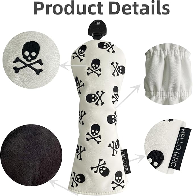 Golf Club Headcover 3 Wood Headcover Hybrid UT Covers White Skull Embroidery, Premium Leather Driver Head Covers Hybrid Headcover Fairway Wood Cover for Golf Clubs