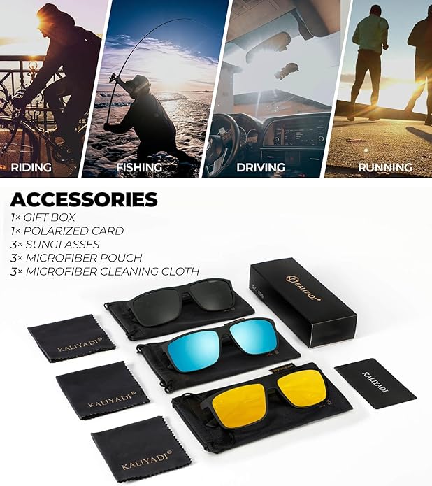 KALIYADI Polarized Sunglasses for Men and Women, Mens Sun Glasses with UV Protection for Driving Fishing Golf (3 Packs)