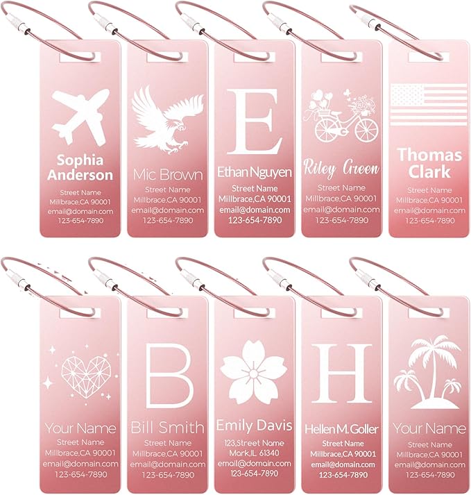 10 Personalized Metal Luggage Tags, Custom Suitcase Aluminum Name Tags with Steel Ring, Laser Engraved Name and Logo, for Travel, Backpack, Baggage, Golf Bag (Pink)