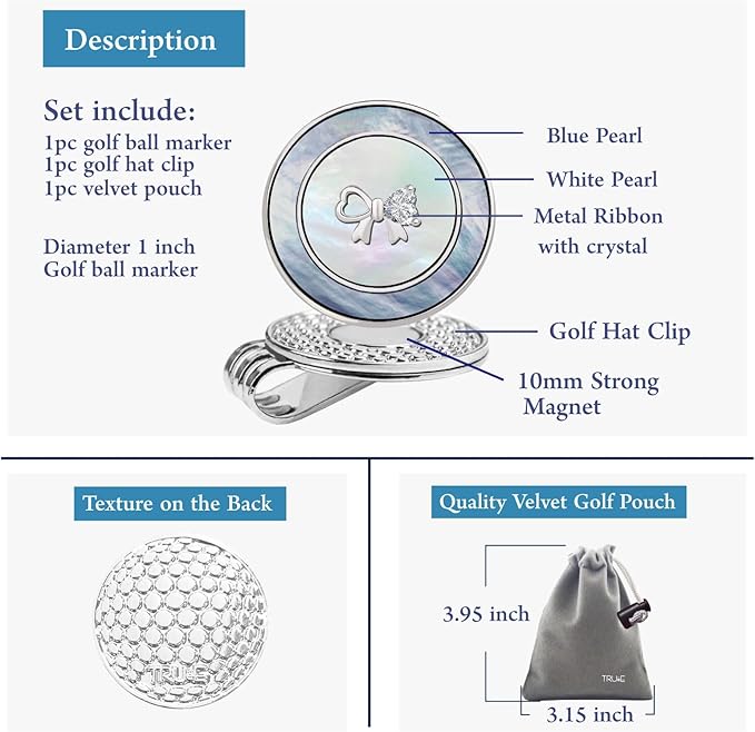 Golf Ball Marker Hat Clip with Pearl Ball Marker, Golf Gifts, Golf Accessories, Golf Ball Markers for Women