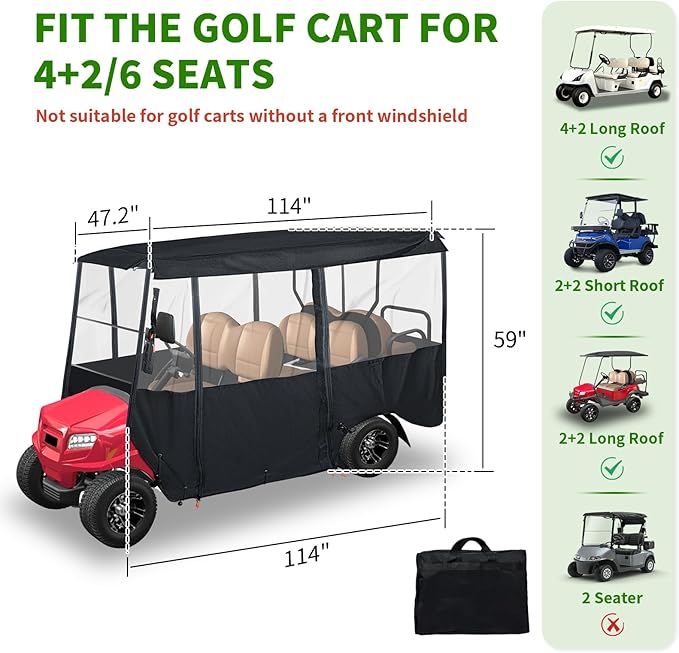 Tecoom Golf Cart Enclosure 2/4/6 Passenger, Golf Rain Cover 600D Waterproof Snowproof, Door Zippers, Clear Windows and Windproof Hooks, Universal Fit for EZGO, Yamaha, Club Car