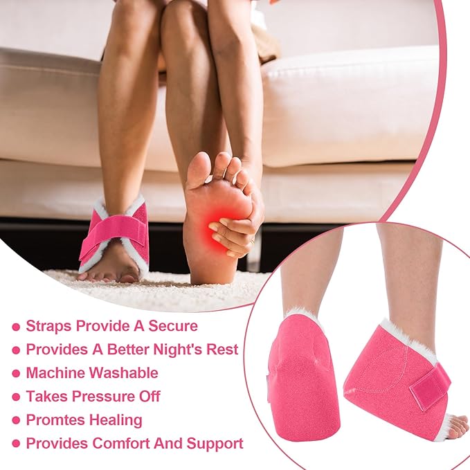 2 Pcs Heel Protectors for Pressure Sores Sheepskin Heel Pads Soft Foot Cushions Pad Protectors Adjustable Foot Pillows with Securing Strap for Bed Sore Ankle Ulcers (Pink)