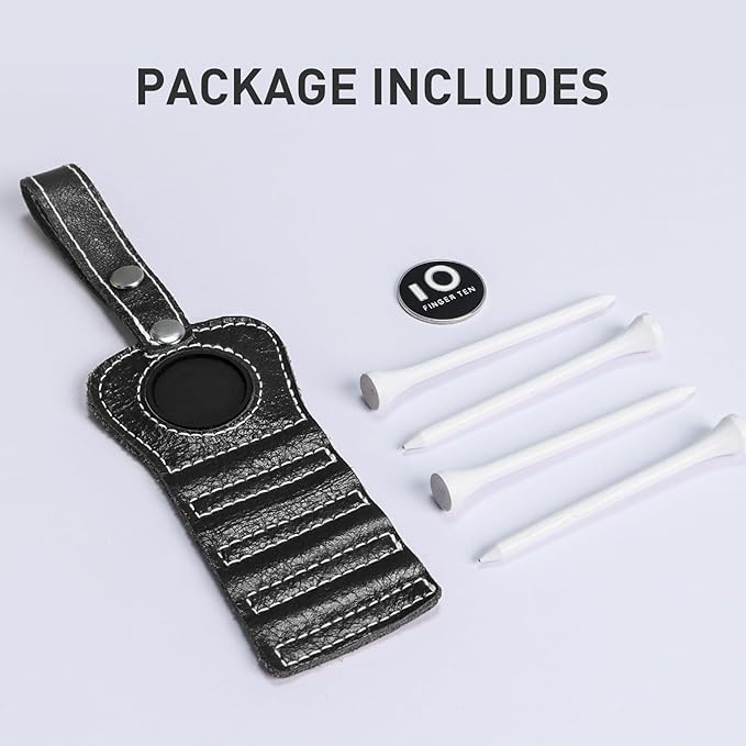 FINGER TEN Golf Tee Holder with Ball Marker and 4 Pcs Wood Tees Value 1/2 Pack, Luxury Leather Gift Hook to Golf Bag Belt Clip