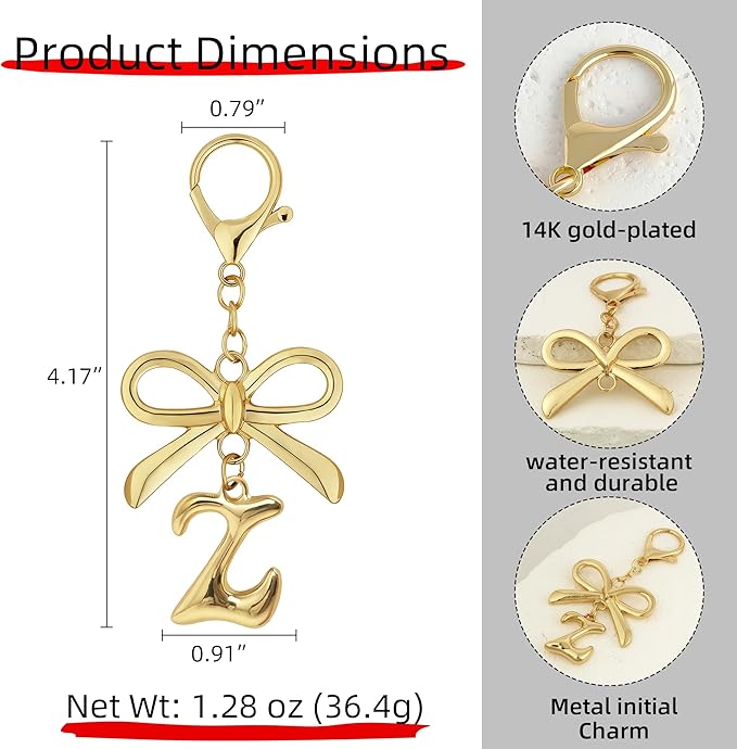 Gold Bubble Heart, Cherry, Bow & More Designs Letter Initial Keychain Bag Charms – Cute Purse Charms for Handbags