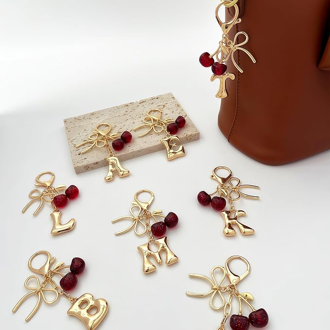 Gold Bubble Heart, Cherry, Bow & More Designs Letter Initial Keychain Bag Charms – Cute Purse Charms for Handbags