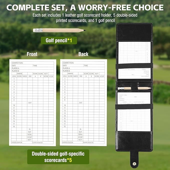 Archerest Magnetic Golf Scorecard Holder, 7.48" x 4.33" Premium Leather Yardage Book Cover Golf with A Pencil and Five Double Sided Printed Scorecards, Golf Accessories and Scorecard Book