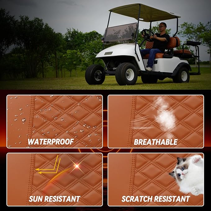 Golf Cart Seat Covers Front and Rear Waterproof and Sun Resistant Marine Grade Vinyl Leather Seat Cover Accessories for EZGO TXT 1994-2013, Brown(4PCS)