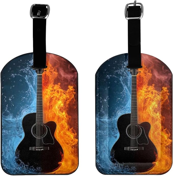Guitar Fire and Water Luggage Tag for Suitcases,Rock Music Cool Musical Instrument PU Leather Baggage Tags Bag Tags Travel Id Label for Luggage Women Men -1 Piece