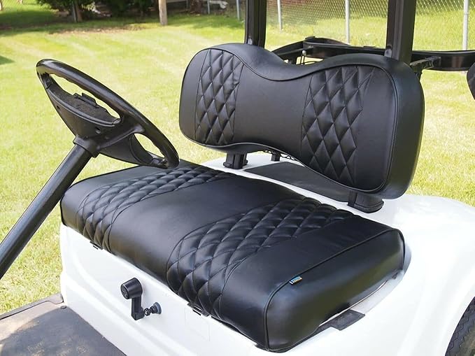 Huskey 2PCS Golf Cart Front Seat Covers for Club Car DS 2000.5 UP G&E Models Custom Two-Tone Black Diamond Stitching with Black Piping, Marine Grade Vinyl Material, Staple on Design