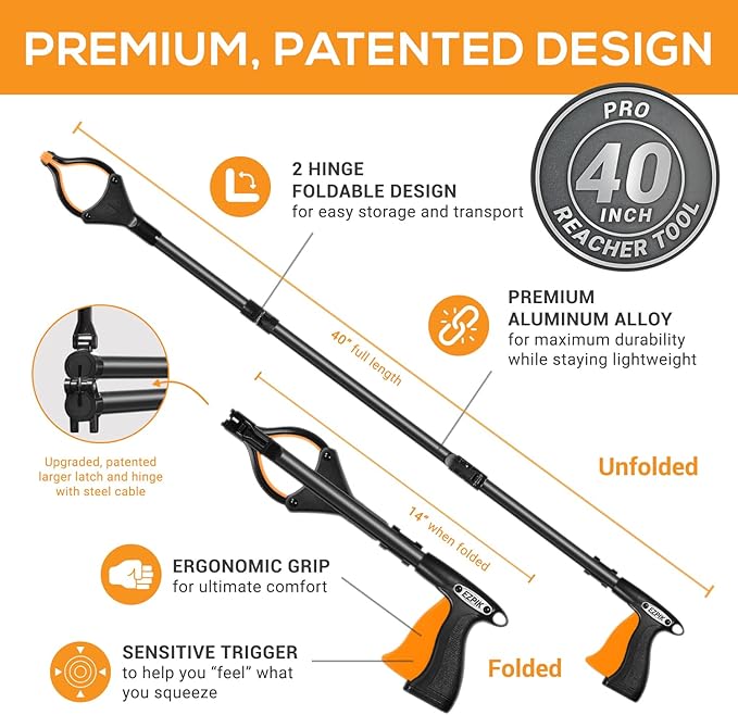 EZPIK Pro 40" Extended Grabber Reacher Tool for Elderly, Trash Hand Grabber Pickup Sticks for Seniors, Foldable Gripper Claw Pickup Tool, Hand Extension Magnetic Folding Tongs