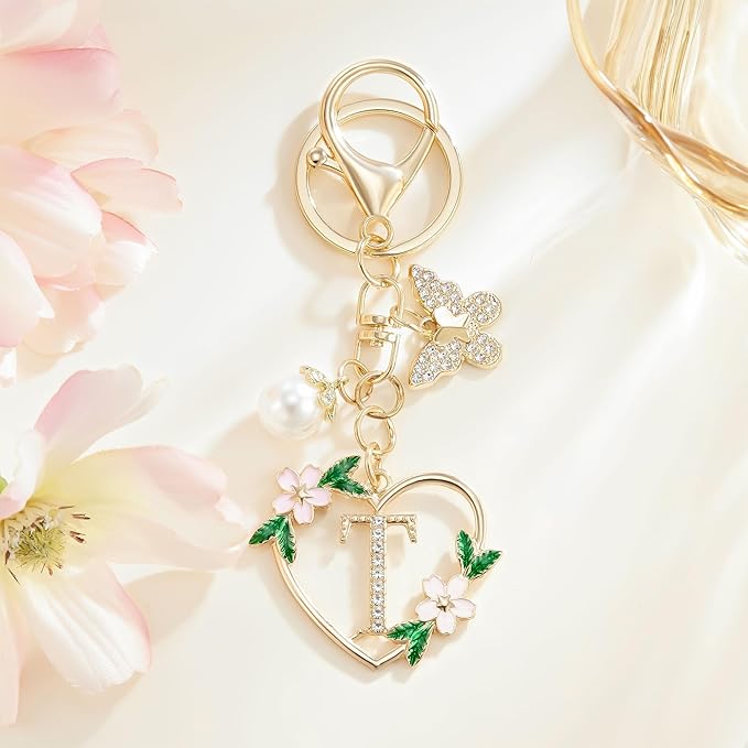 Gold Heart Initial Letter Keychain for Women Key chain Keyring for Purse Handbags Backpack Charm