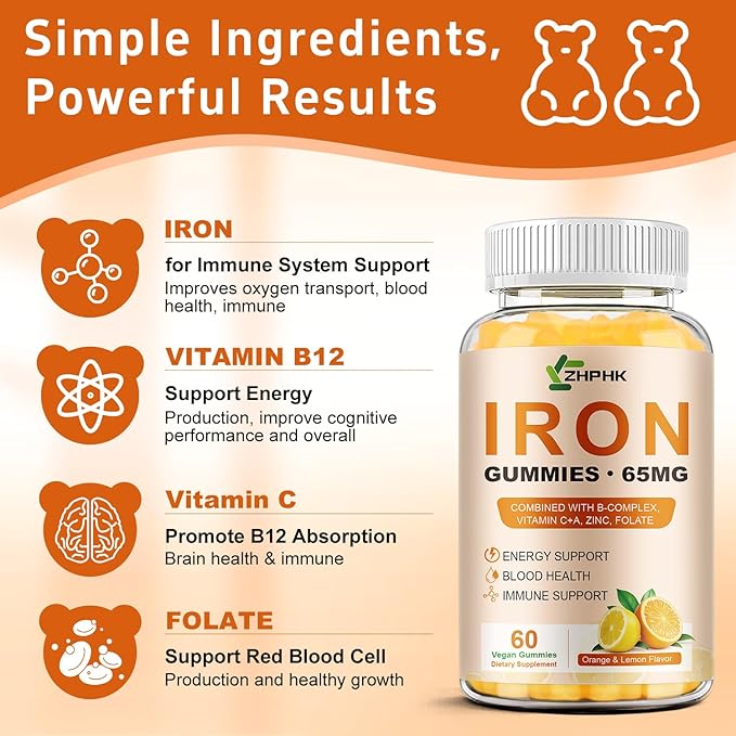 Iron Gummies Vitamin Supplement 65mg & Vitamin C 250mg per Serving with B6 B12 Folate- Energy Support for Iron Deficiency, Anemia, Vegan Orange & Lemon Flavor, 120 Count