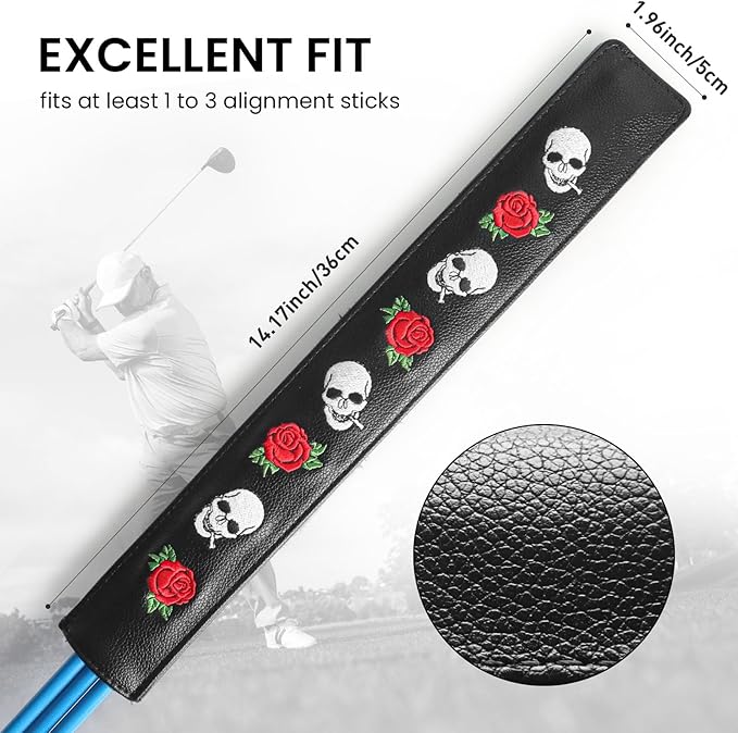 FINGER TEN Golf Alignment Stick Cover Headcover Rods Holder Case Leather 14''× 2'' in USA Black White Green Hold at Least 2 Sticks