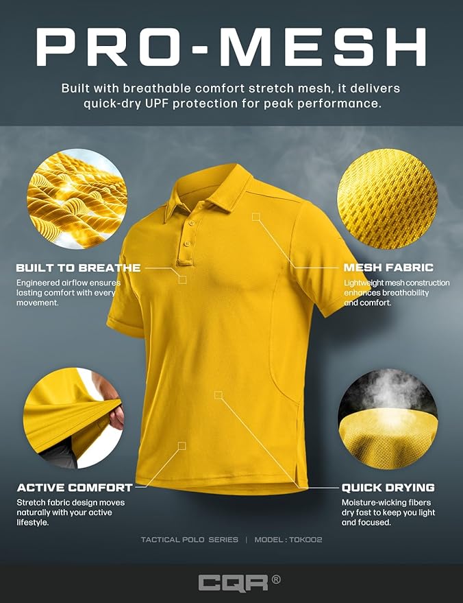 CQR Men's Polo Shirts, Tactical Short Sleeve Golf Performance Shirts, Lightweight Dry Fit UPF 50+ Pique