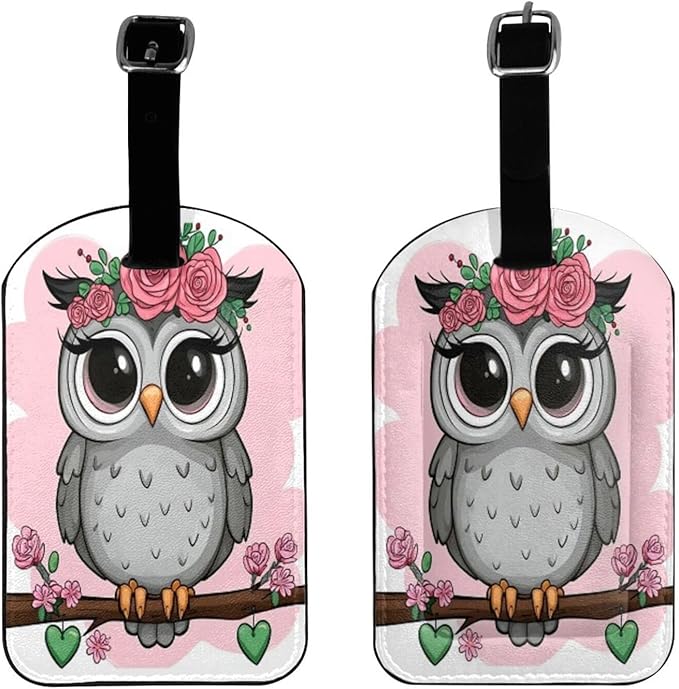 Cute Owl Luggage Tag for Suitcases,Cartoon Girl Owl Flowers Pink PU Leather Baggage Tags Bag Tags Travel Id Label for Luggage Women Men -1 Piece
