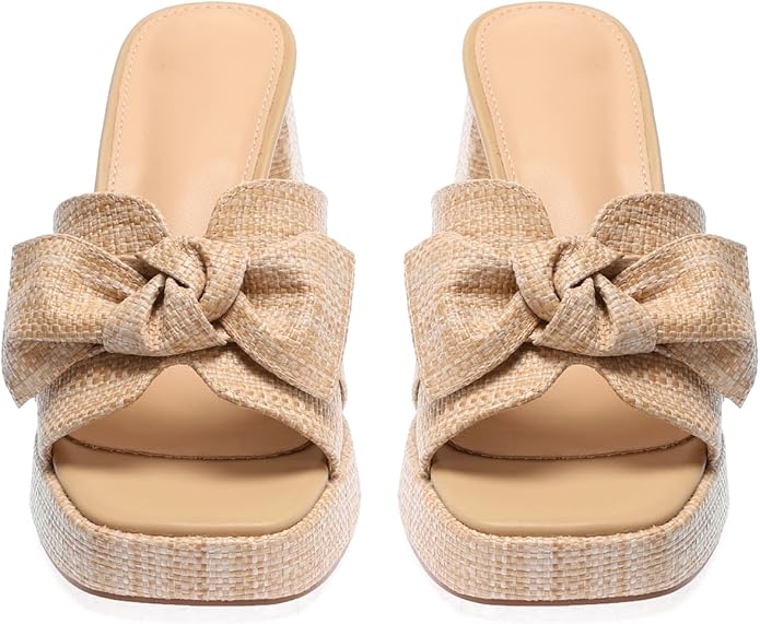 Monrovia Womens Sandals Heels for Women Slide On Block Chunky Platform High Heels Open Toe Raffia Wedge Sandals