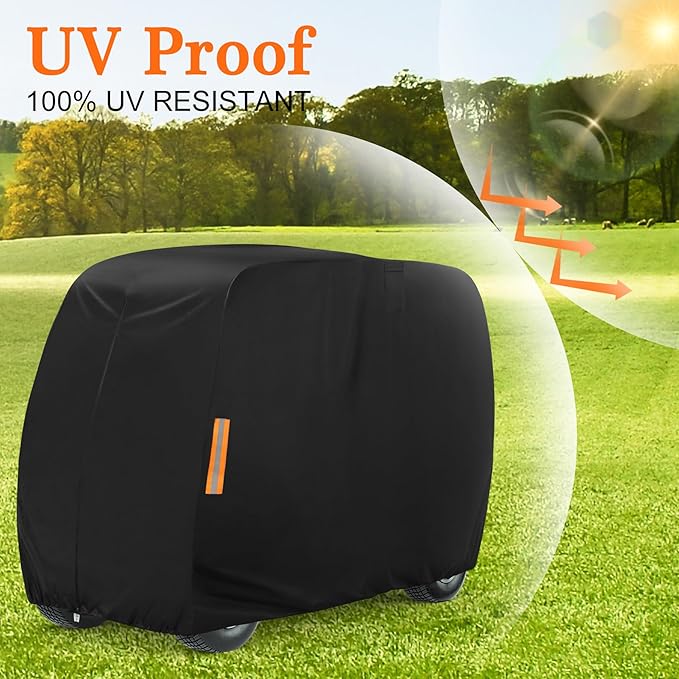 Golf Cart Cover 2 Passenger, 420D Heavy Duty Golf Cart Rain Cover with Waterproof Zipper and Reflective Strips, Universal Fits for 2 Seat Yamaha EZGO Honda Club Car