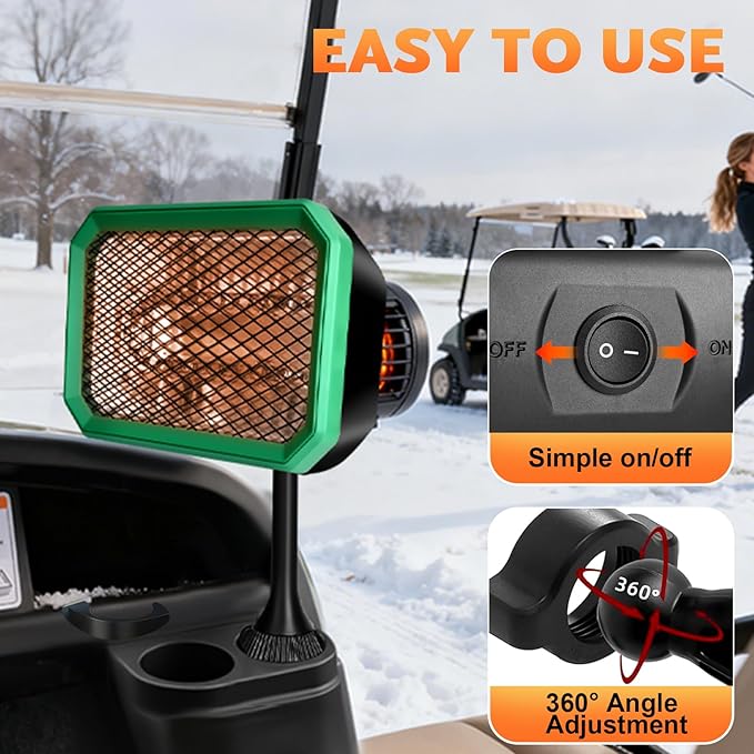 Golf Cart Heater Electric, 400W Safe & Fast Silent Carbon Fiber Heating, Electric Battery Operated Heater with 360° Rotatable Head, Compatible with Yamaha/Club Car/EZGO, Golf Gifts Cart Accessories