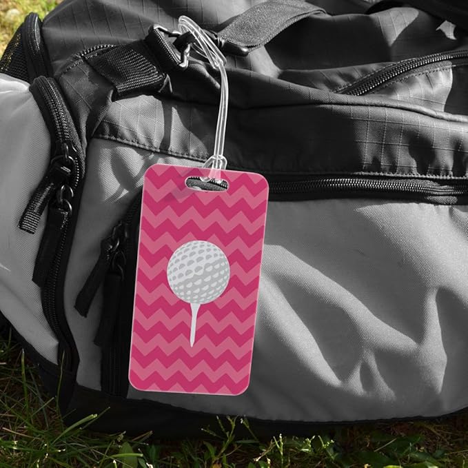 ChalkTalkSPORTS Golf Luggage & Bag Tag | Golf Ball and Tee | Custom Info on Back | Large | Pink
