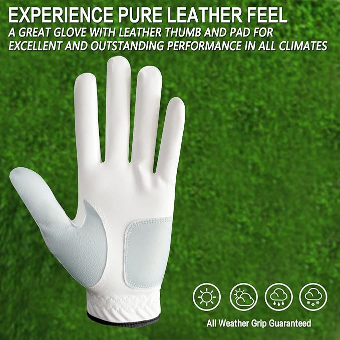 FINGER TEN Men’s Golf Gloves Left Hand Right with Ball Marker 2 Pack, Weathersof Grip Soft Comfortable, Fit Size Small Medium ML Large XL