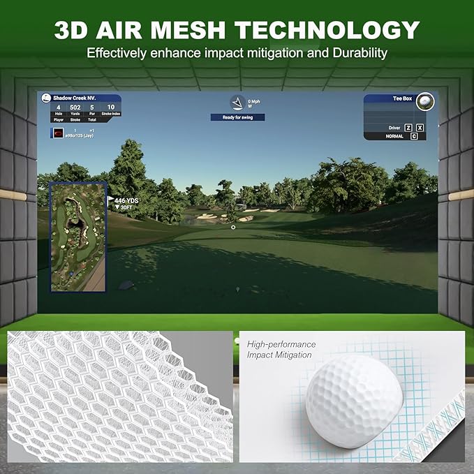 Fireproof Golf Simulator Impact Screen for Training – Professional 3D Air Mesh Golf Impact Screen, Ultra Clear Golf Simulators Screen for Home Golf Practice with Grommet Holes, 8 Size Options
