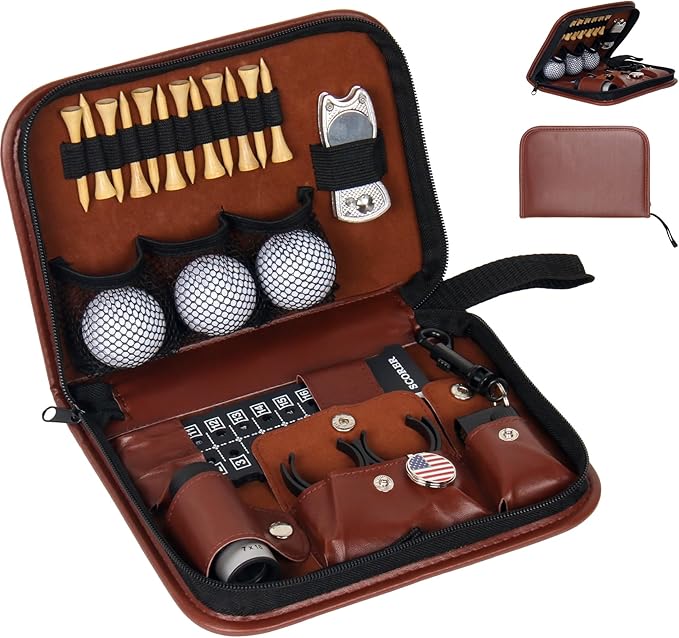 Golf Accessories Kit, Golf Stuff Set with Leather Case, Golf Balls, Golf Tees, Golf Brushes, Rangefinder, Scorer, Ball Marker, Golf Clips, Golf Divot Tool, Golf Gifts for Men Women Golfers