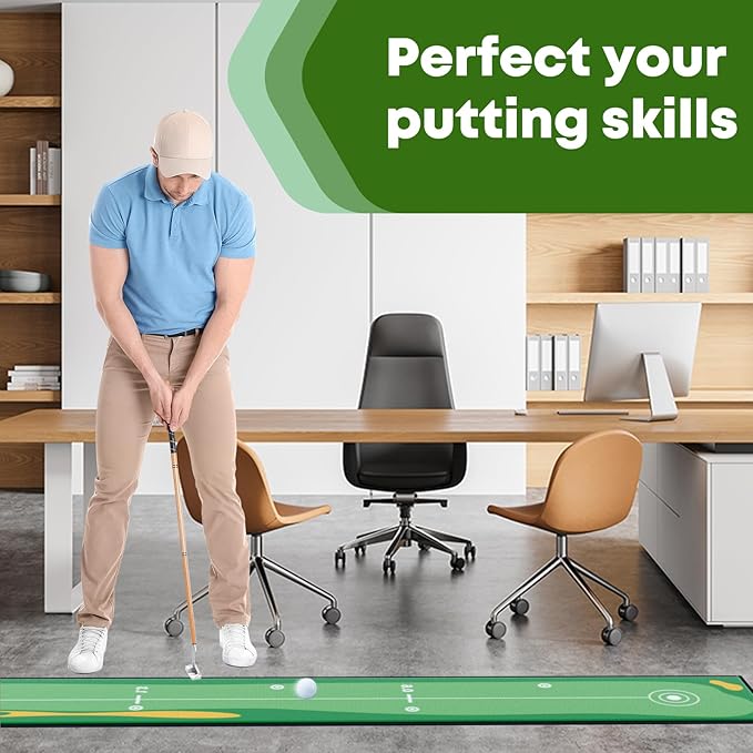 Golf Putting Mat Indoor & Outdoor Professional Golf Practice Putting Green Mat with Distance Marker Anti Slip Backing Golf Training Accessories Portable Matt
