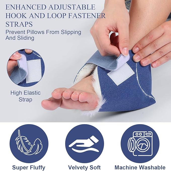 2 Pairs Heel Protector Boot Sheepskin Heel Protectors Soft Foot Cushions Pads with Securing Strap for Protect Feet Ankle Pressure Bed Sores(Black, Blue)