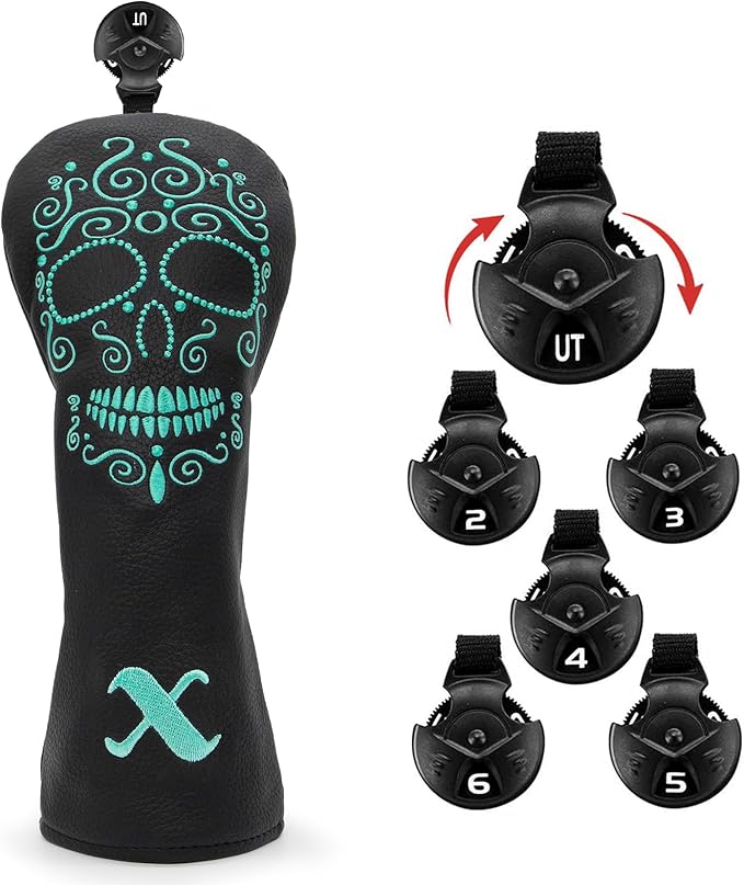Black Golf Club Covers Skull Embroidery Driver Headcover Fairway 3 Wood Headcover Hybrid Headcover for Your Selection fits for All Brands